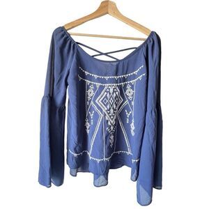 Women's blu pepper bohemian embroidery design blue white print country M.